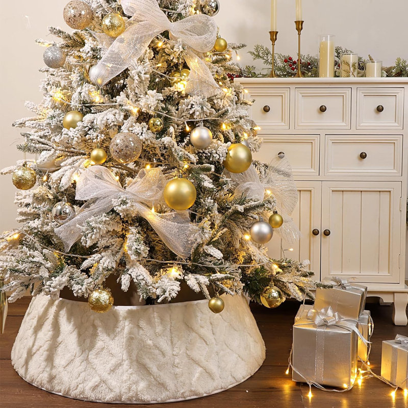 Arbre de Noël en fausse fourrure de luxe - jupe d'arbre en peluche beige avec motif de losanges croisés, décor bohème moelleux pour arbre de Noël artificiel de 7,5 pi 7 pi, décor de maison de campagne confortable
