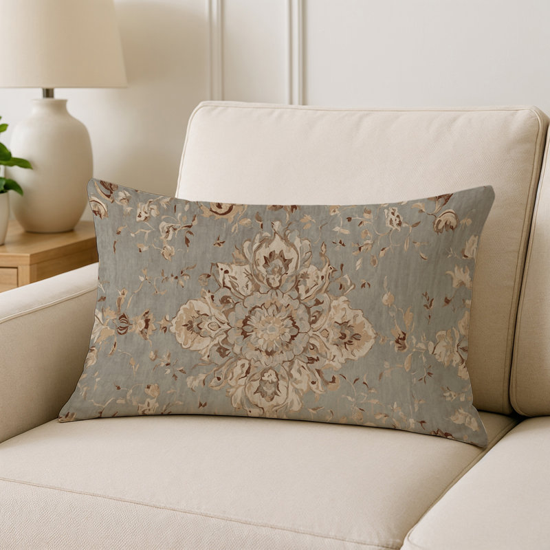 Coussin décoratif intérieur et extérieur Modern, Bleu clair / crème / brun damassé, Rectangle H 25 po x l 18 po