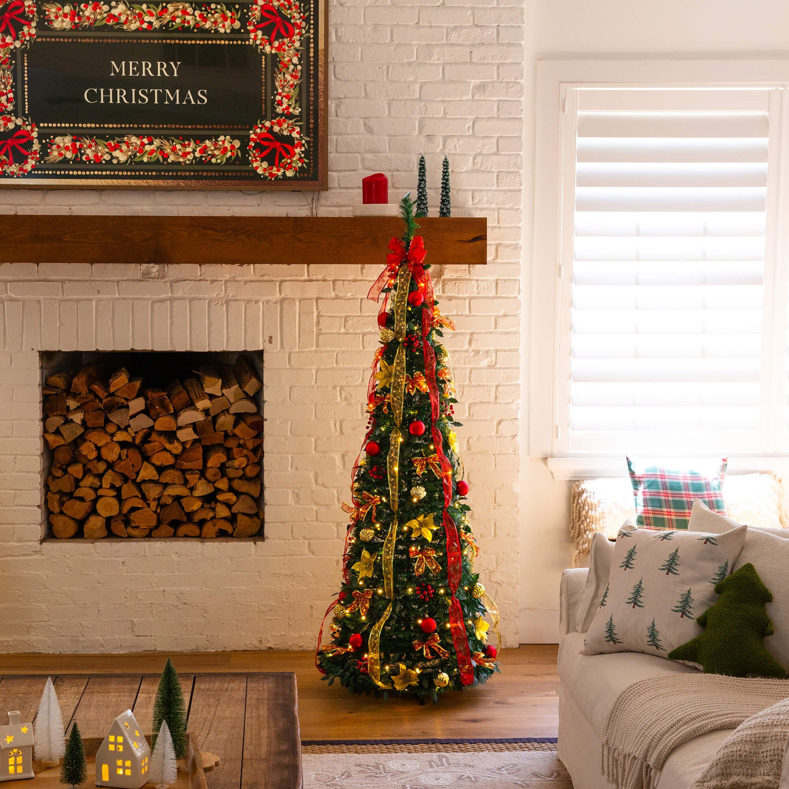 Red 7' Pre-Lit Pine Christmas Tree, 6" H x 27" W x 24" D