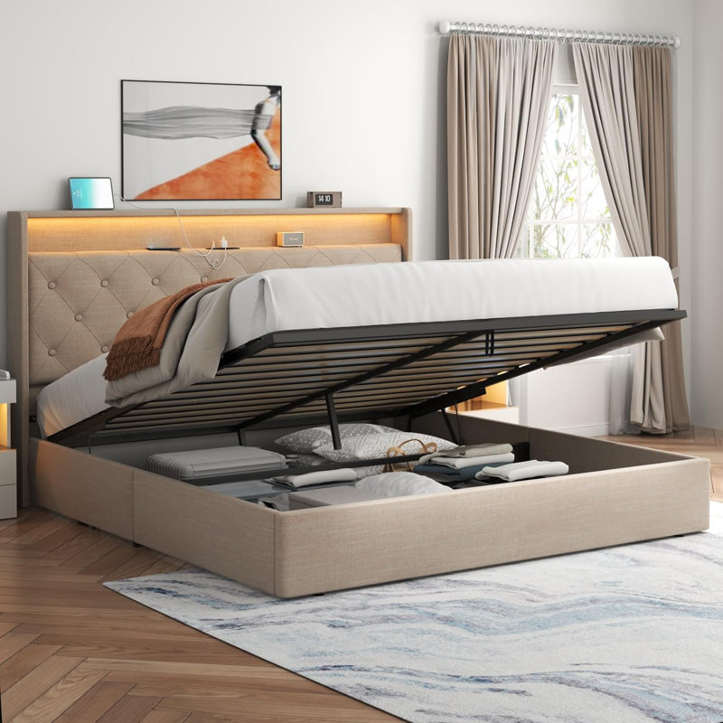 Kadeer Lift Up Bed Frame with Charging Station & LED Light, Upholstered Bed with Button Tufted, King, Beige