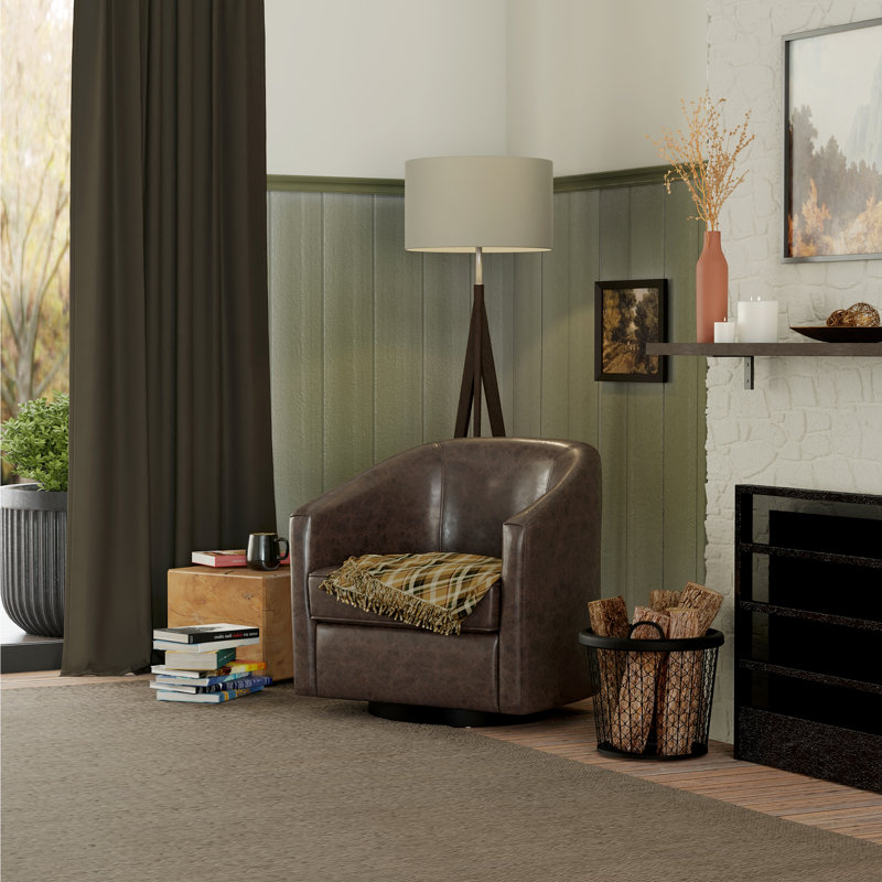 Balram Upholstered Swivel Barrel Accent Armchair, Dark Brown Polyester