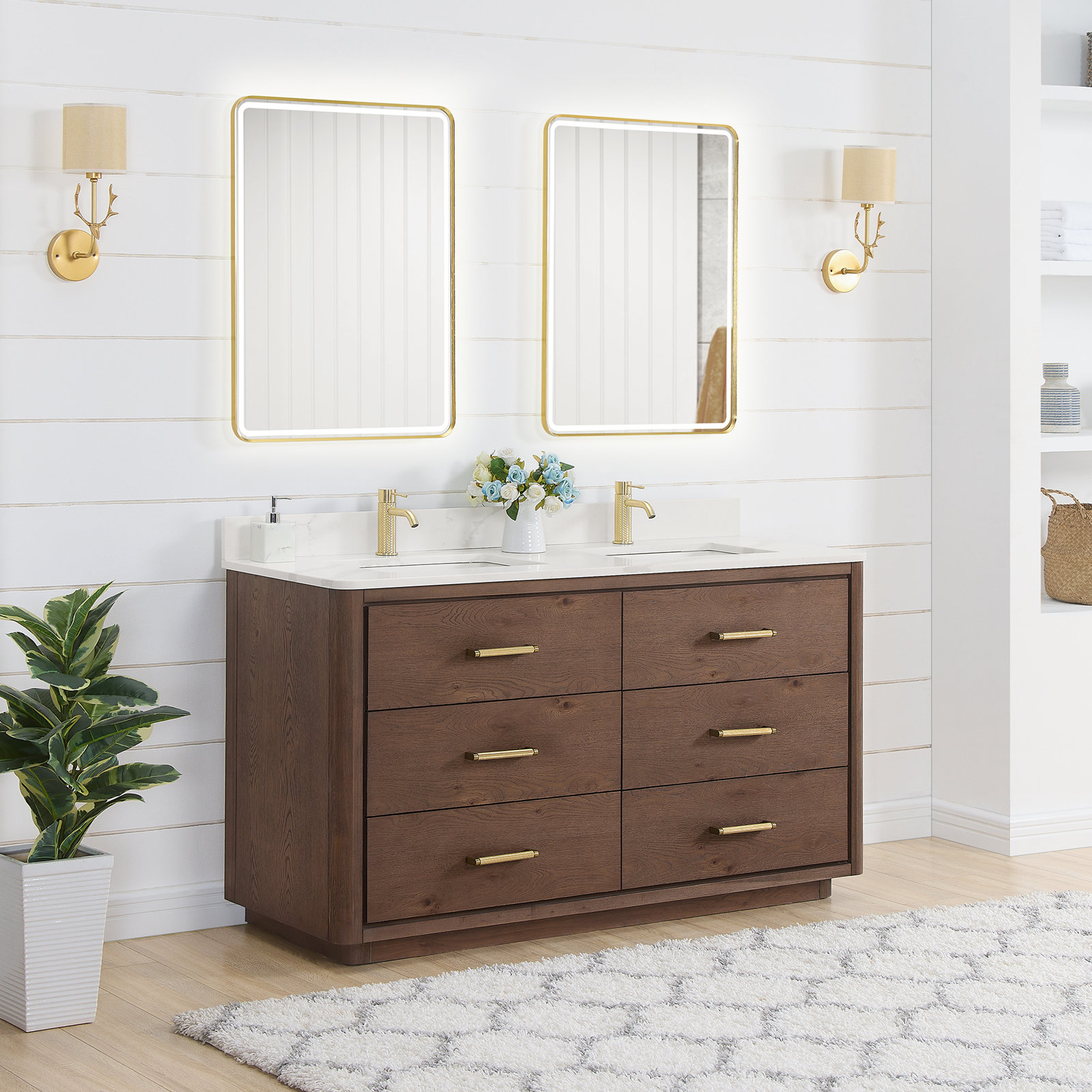 Porto 60'' Double Bathroom Vanity, Dark Brown Oak, Gold