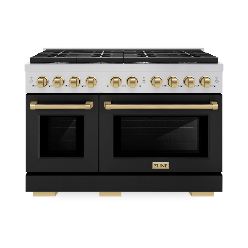 ZLINE Autograph Edition 48 in. 6.7 cu. ft. Paramount Double Oven Gas Range with 8 Burner Cooktop in Stainless Steel with Black Matte Doors