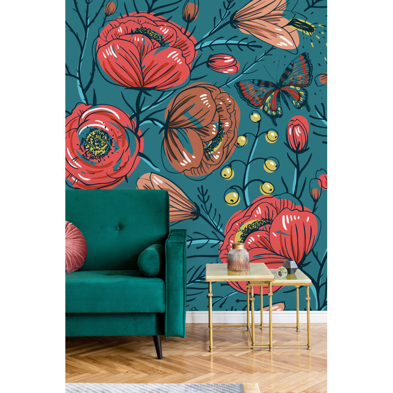 Murale 4 pièces kurten roses et papillons, L 8,33 pi x l 100 po