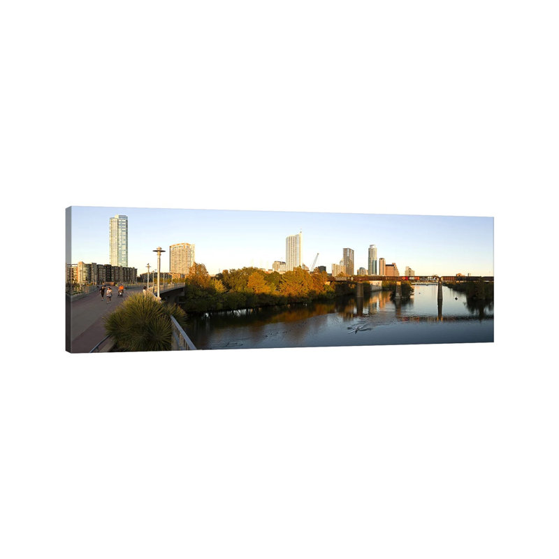 Skyscrapers In A City, Lamar Street Pedestrian Bridge, Austin, Texas, USA by Panoramic Images - Wrapped Canvas Panoramic Print