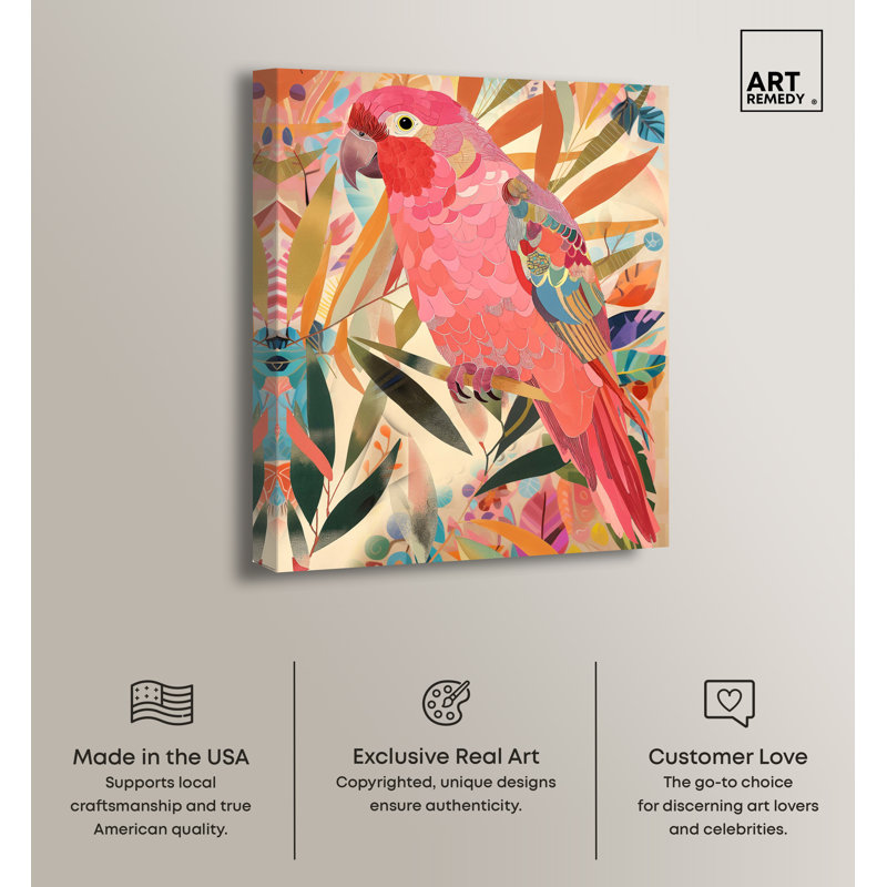 Whimsical Tropical Parrot Abstract Canvas Wall Art, 20" x 16"