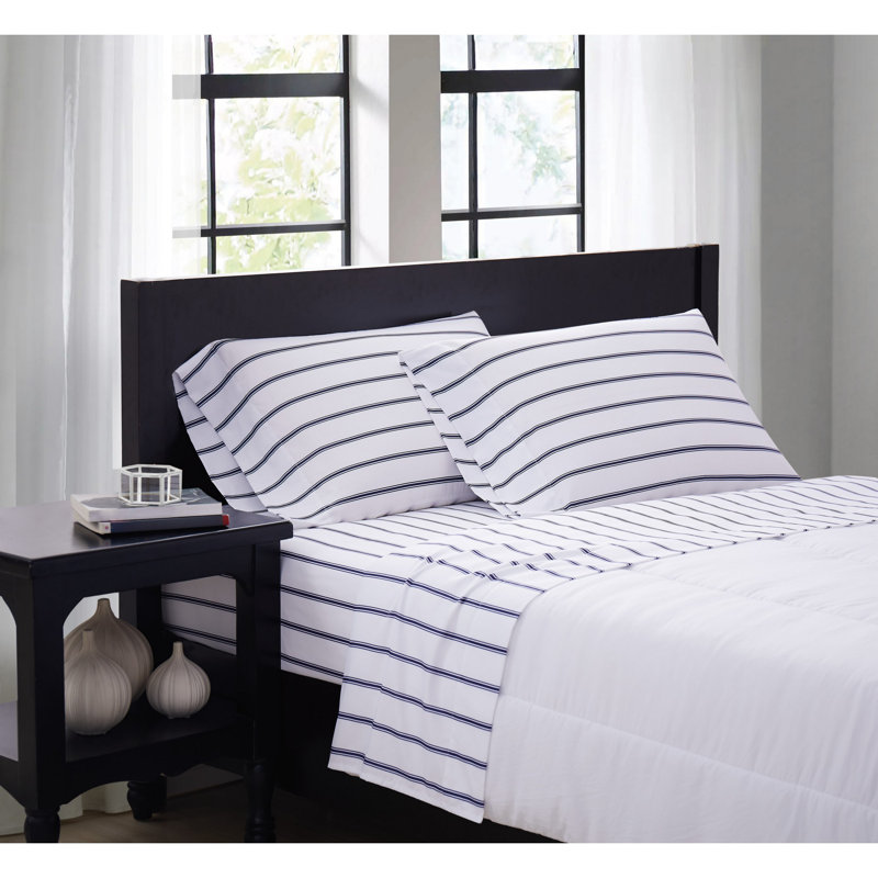 Ensemble de draps à rayures, Blanc / bleu marine, Ensemble de draps pour lit double + un drap-housse