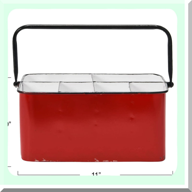 Rustic Charm 6-Compartment Metal Storage Caddy - Distressed Red & White with Handle