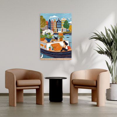 " Amsterdam City Life On A Boat Colourful Peaceful Vibrant Cat Autumn City Wall Art Print " by Caroline Bonne Muller