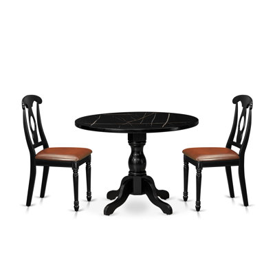 3 pc Dinner Table Set Includes a Round Table and 2 Faux Leather Dinning Chair with Naponeon Back - Wire brushed Black