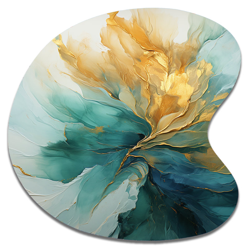 Or doré et sarcelle, harmonie aurora - spirales abstraites, art mural asymétrique en métal, H 27 po x l 27 po