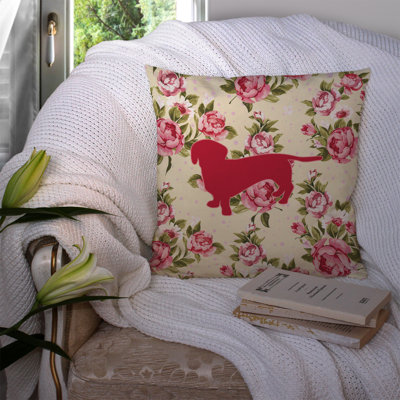 Dachshund Shabby Elegance Yellow Roses Floral 14" Throw Pillow
