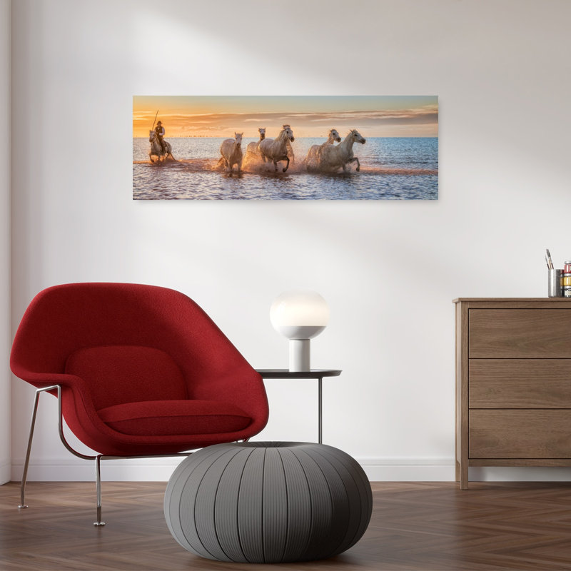 Camargue Horses Sunset Run by Antoni Figueras - Wrapped Canvas Panoramic Print, 30.48 cm H x 91.44 cm W