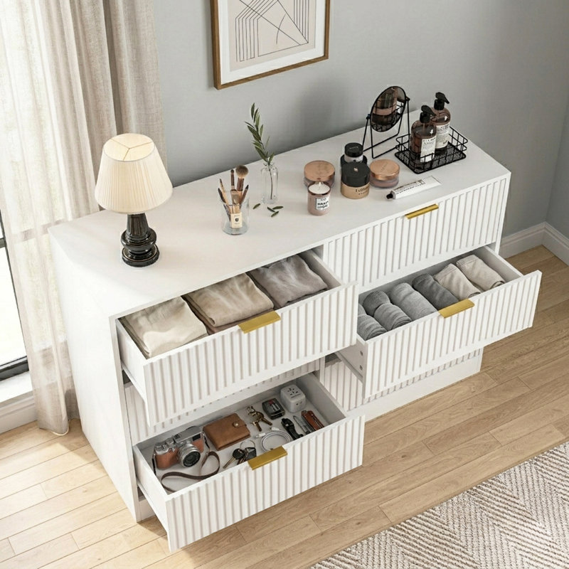 Commode 6 tiroirs cannelée, grande commode, Blanc