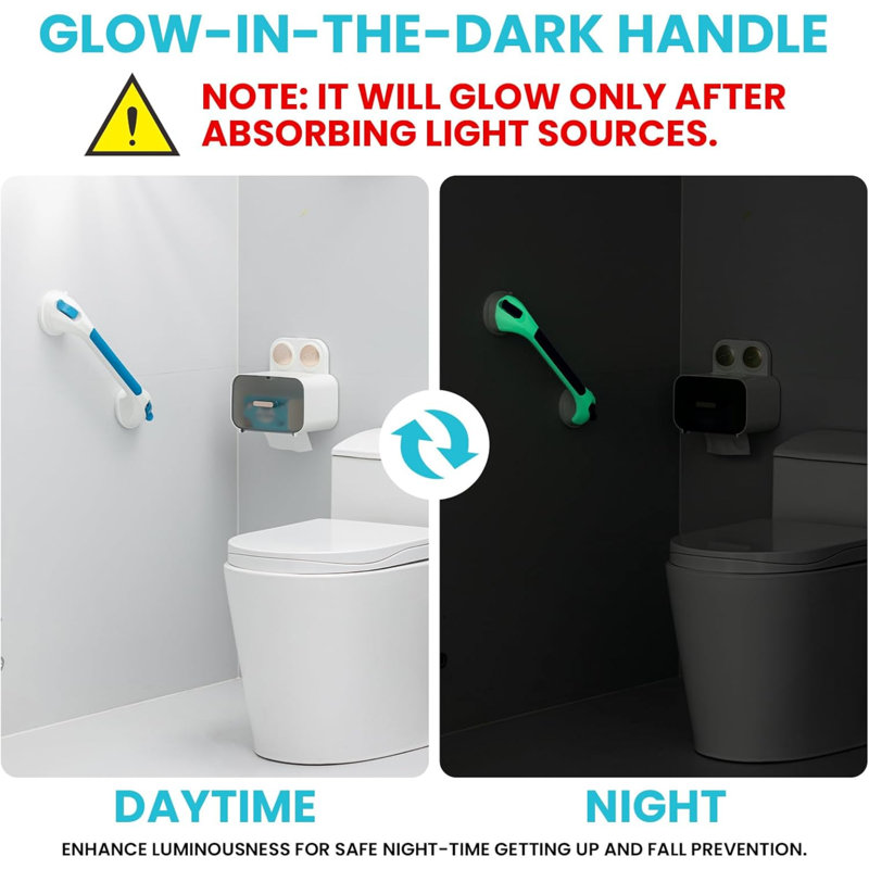 Shower Grab Bar Glow In The Dark, 2 Pack 16.8 In Grab Bars For Bathtubs And Showers,Shower Handles Shower Rails For Seniors And Elderly,Bathroom Safety Grip Removable No Drilling Waterproof Blue