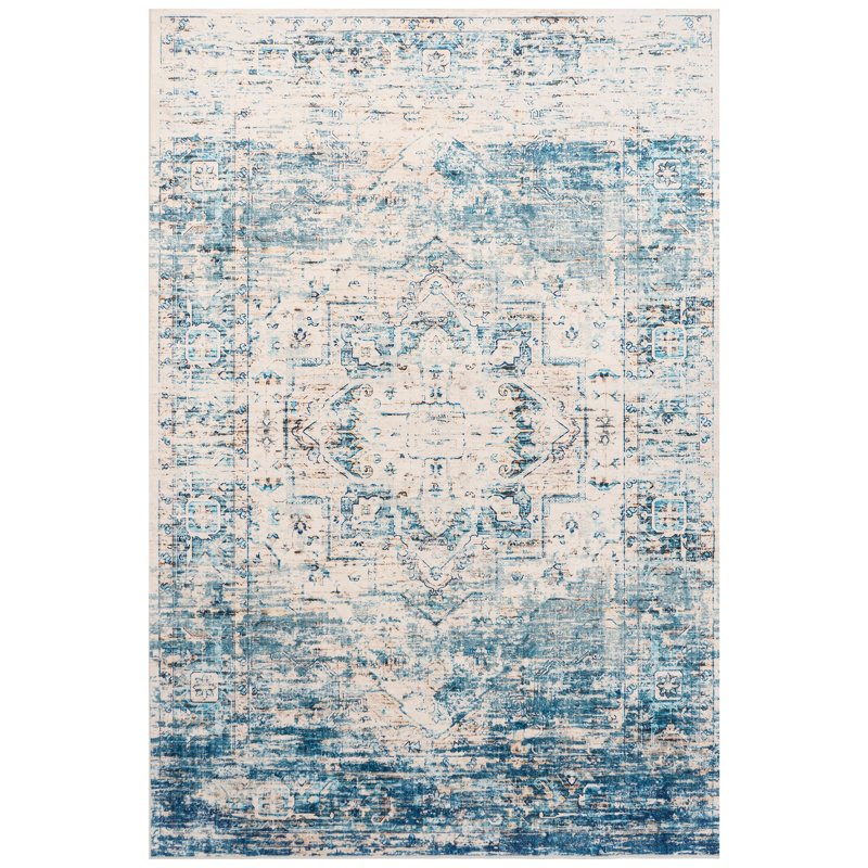 Chezare Rectangle Blue and white Area Rug Washable, Foldable, Non-Slip Area Carpet for Living Room, Rectangle 8' x 10'