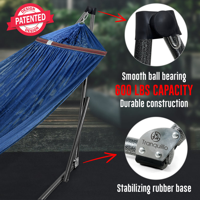 Tranquillo Adjustable Hammock Stand, 600 lbs Capacity Steel Double Hammock Stand for 2 Persons, Premium Pre-Assembled Stand for Indoor Outdoor, Anti-flip, Aegean