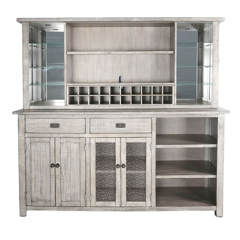 Console Zeka, huche, bar avec tablettes en verre, support à vin, gris