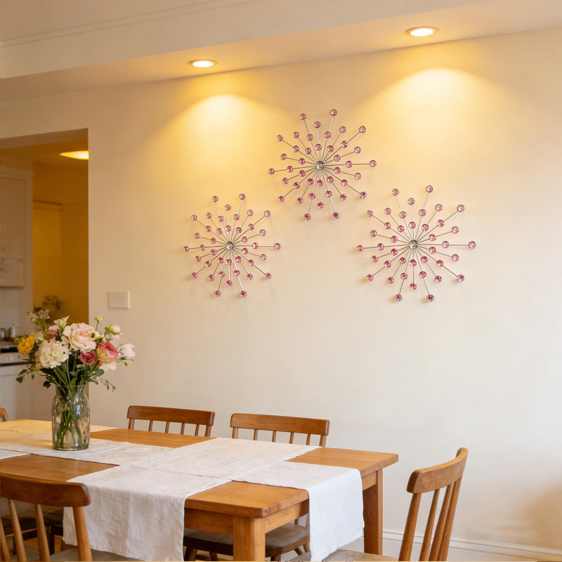 Metal Jeweled Wall Art 3 Pcs, Pink
