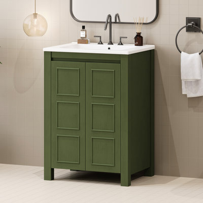 Petit meuble-lavabo 24 po avec lavabo en céramique de style rétro, 2 entrées d'armoire à fermeture en douceur, réglable pour les entrées de rangement, polyvalent
