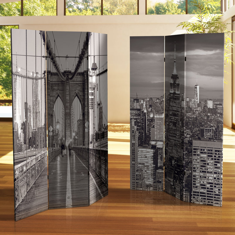 6 Ft. Tall Double Sided Black And White New York Bridge Canvas Room Divider, Manhattan Bridge