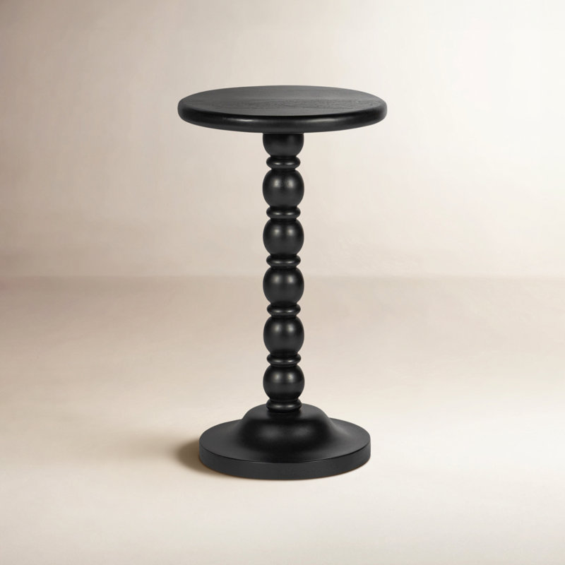 Isabel Spindle Round Drink Table Wheel Base Acacia Solid Wood Finish Space Saving side Table for Living Room, Black