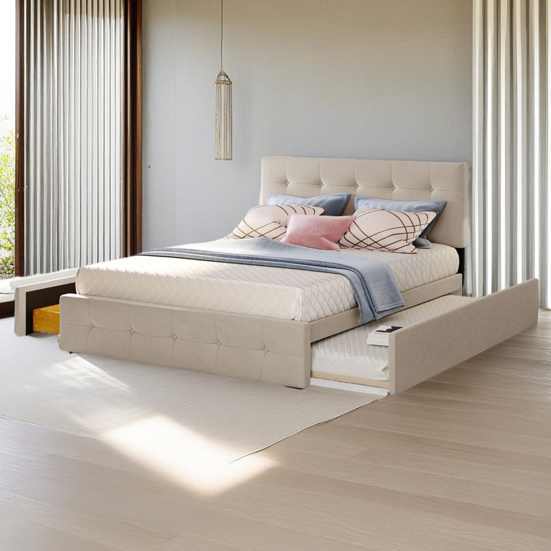 Lit plateforme tapissier avec 2 tiroirs et 1 lit gigogne simple TG, Beige foncé