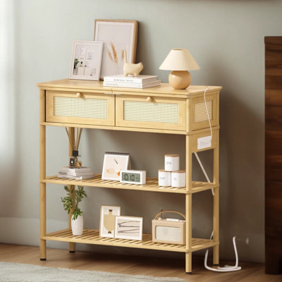 Bamboo Console Table With Power Outlets And Drawers - Sofa Table, Entryway Table With USB Charging, Storage For Living Room, Hallway, Foyer