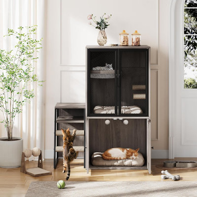 Cat Litter Box Fence, Double-Layer Enclosed Litter Box Furniture with Doors, Cat House with Ladders