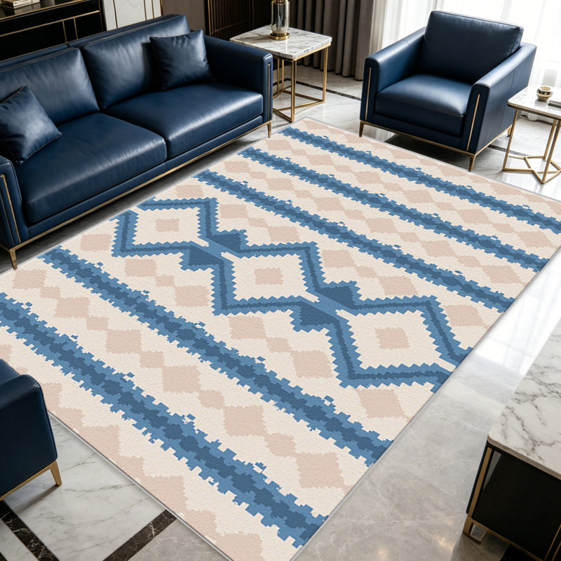 Blue Vertical Kilim Stripe carpet-easy to clean, machine-washable, soft and comfortable; suitable for door mats, kitchens, living rooms, bedrooms, corridors, and laundry areas. Easy to clean, durable carpet for home decoration.