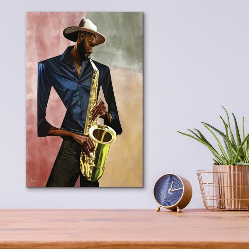  «Sax Player» par Manasseh Johnson, art mural en verre acrylique, 12 po x 16 po