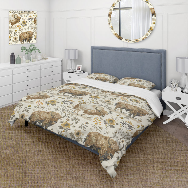 Ensemble de housse de couette Beige Flower Buffalo Print - Traditional, Housse de couette pour grand lit et 2 taies décor