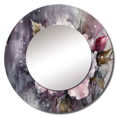 Pashko Pink Green Peonies On Branch I - Peonies Wall Mirror, Pink Round Decorative Mirror, Printed Metal Art