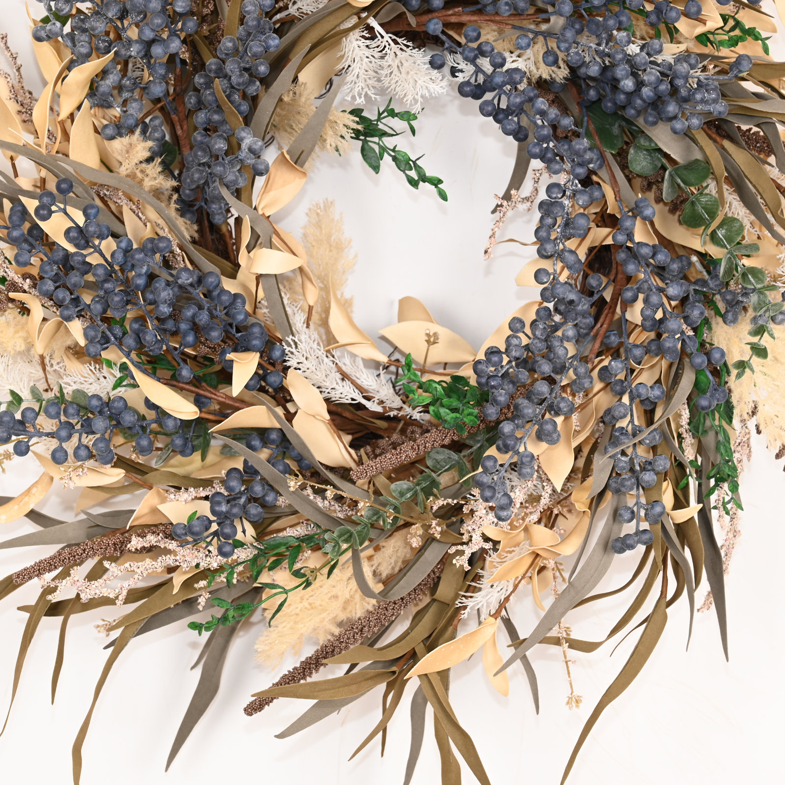 24" Handcrafted Grass, Berry Thanksgiving Wreath, Blue