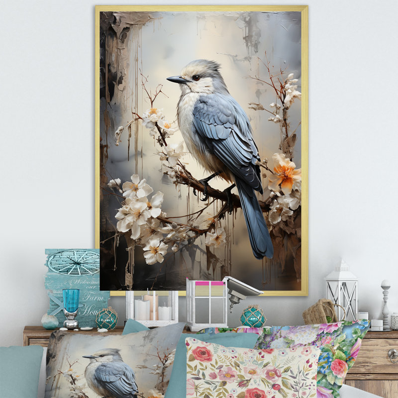 «Misty Blueray Bird on Branch II», reproduction d'art mural, H 40 po x l 30 po x P 1,5 po, Cadre doré simple