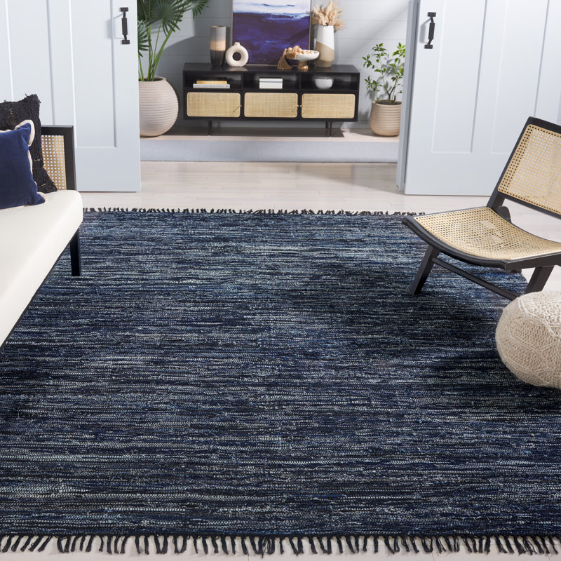 Tapis bleu marine / noir en coton tissé à la main Ketter, Rectangle 3 pi x 5 pi