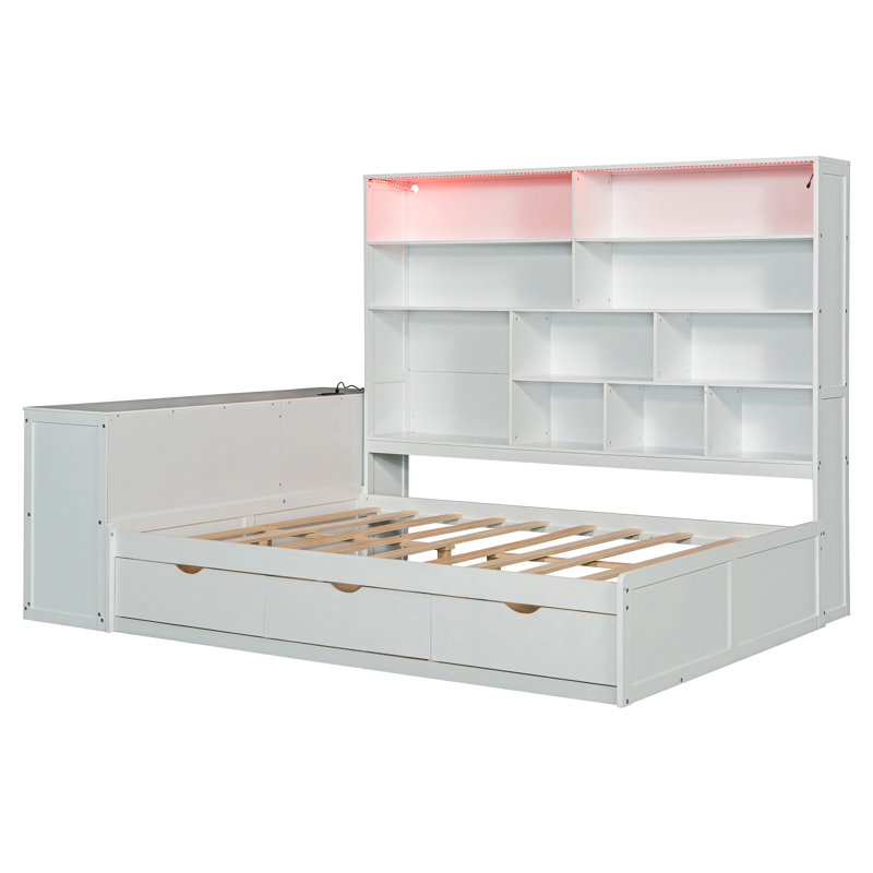 Full Size Wooden Daybed With Three Drawers ,Desk ,Shelves and Lights,  White, White
