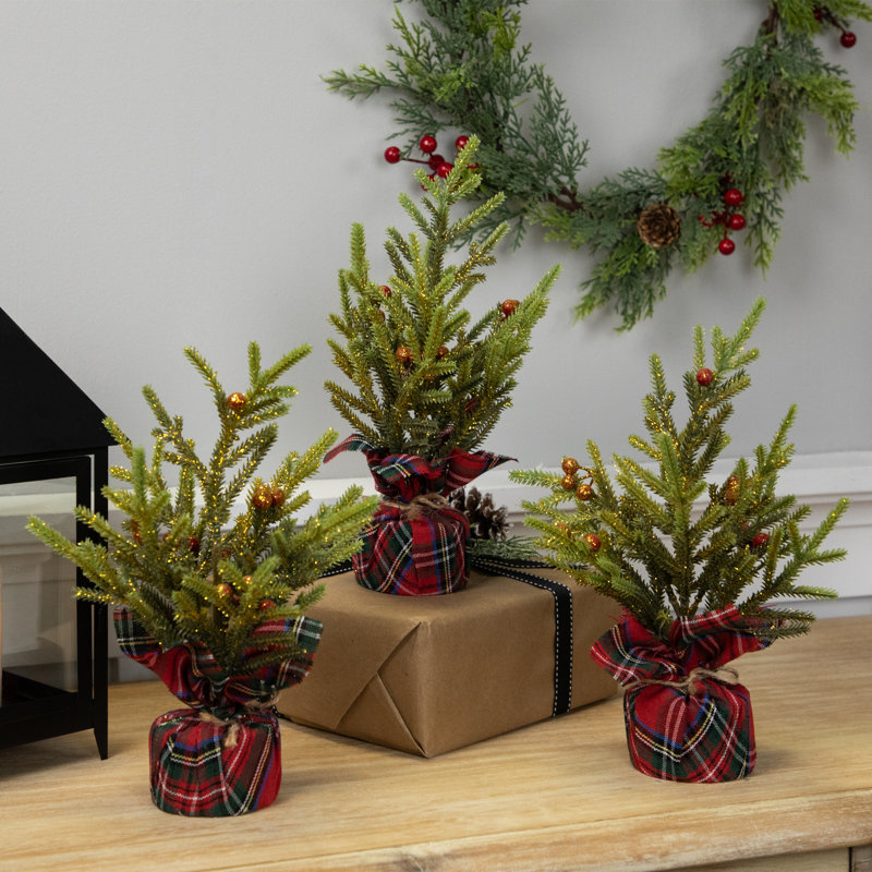 Mini Glittered Pine with Berries Artificial Christmas Trees - Set of 3
