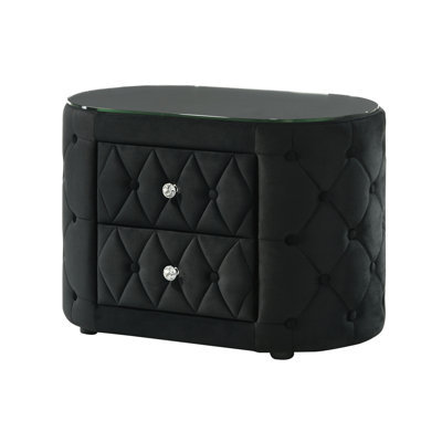 Table de chevet ovale ultra-moderne 1pc de teinte noire, tissu, plateau en verre et deux tiroirs pour la chambre à coucher avec design étincelant à boutons, décor de 8 mm