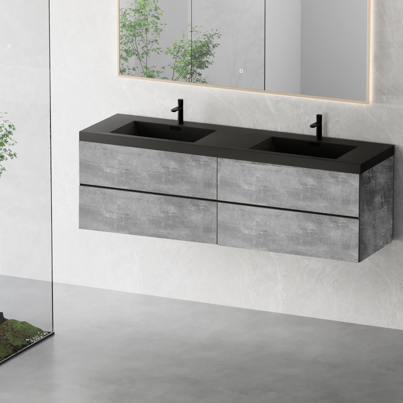 Meuble-lavabo flottant 72 po avec deux bacs à sable en quartz noir et quatre tiroirs à fermeture en douceur entièrement assemblés gris ciment 24V12-72Gr-W1573p155850