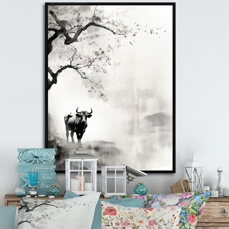 Jaceyon, art asiatique, vache Sumi XV, H 44 po x l 34 po x P 1,5 po, Cadre flottant noir