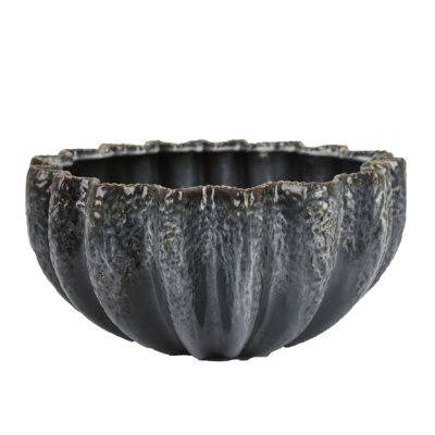 Bol décoratif, céramique gris aqua, côtés festonnés cannelés, 13 pouces