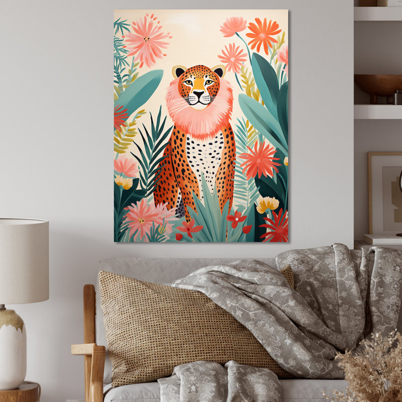 Vert et rose léopard, élégance tropicale IV - art mural en métal animal léopard / guépard, H 32 po x l 16 po x P 1 po