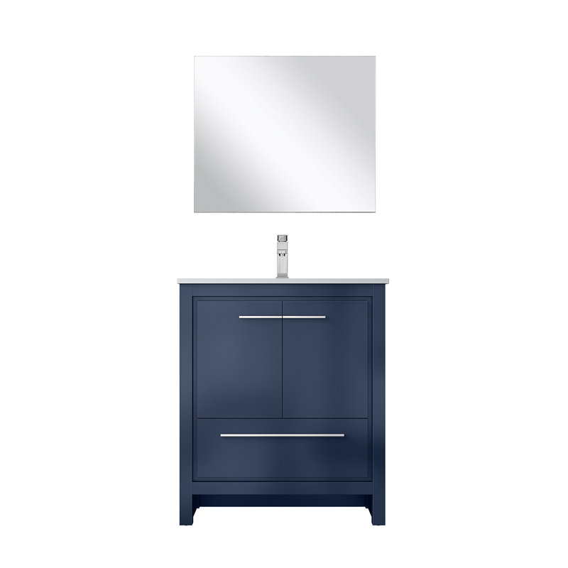 Lafarre 30'' Single Bathroom Vanity with Marble Top with Mirror, White Cultured Marble, Navy Blue
