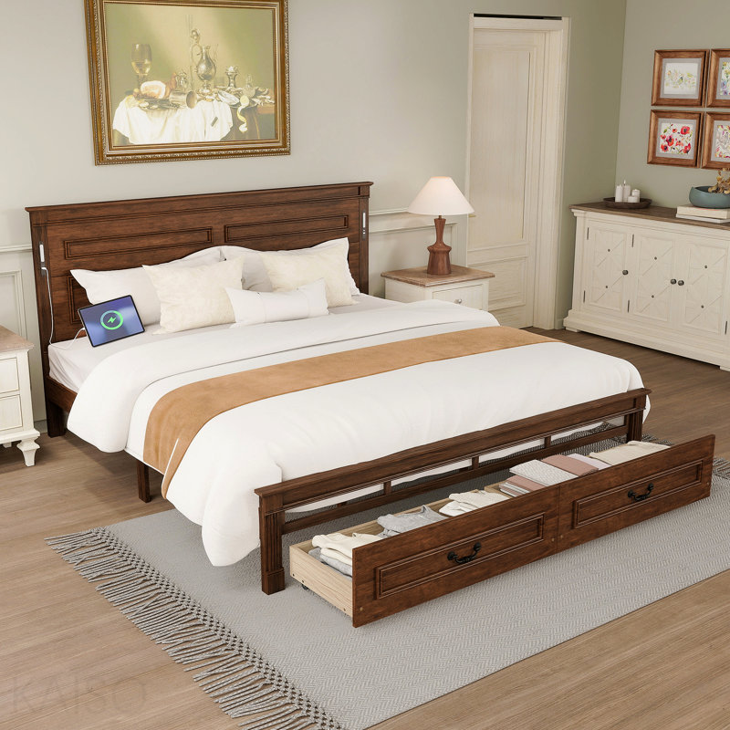 Lit très grand lit avec tête et pied de lit à grand panneau, 2 tiroirs de rangement, lumières à DEL intégrées, station de charge USB, lit en bois de pin avec cadre de lit renforcé, noyer