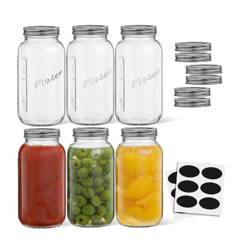 Pots Mason réguliers Brightware avec couvercles, étiquettes et mesures hermétiques - 32 oz - ensemble de 6