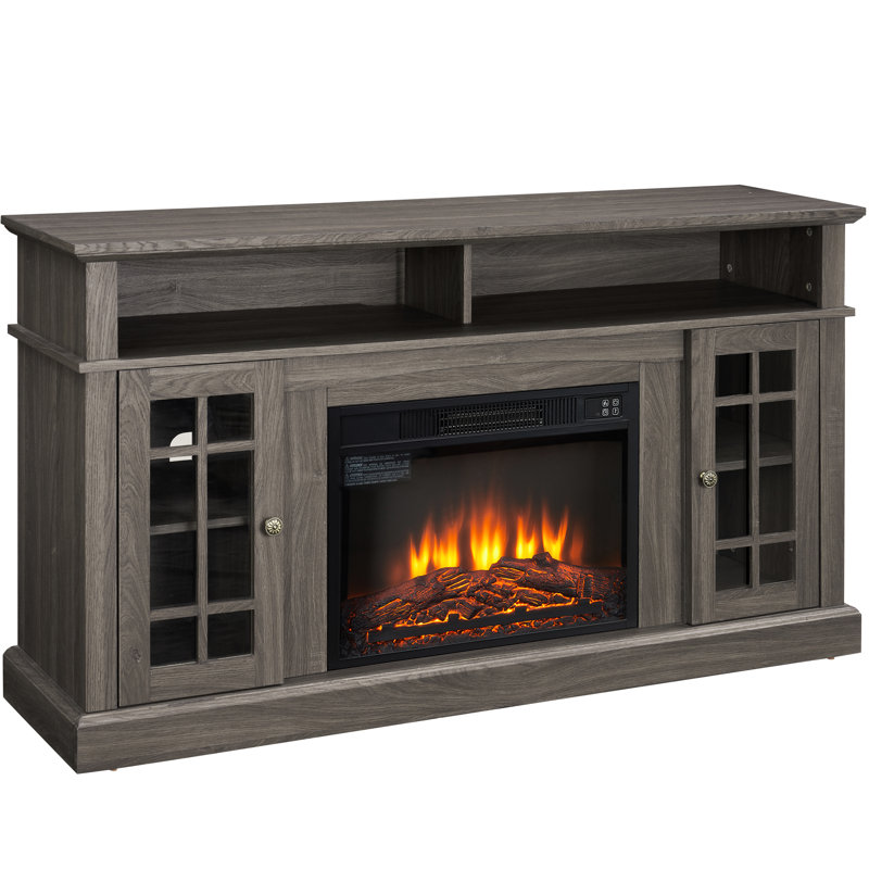 Meuble audio-vidéo compatible 65 po, noyer foncé / noir, console multimédia à 5 découpes avec foyer de 23 po, rangement polyvalent