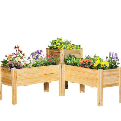 Of 3 Elevated Planter Beds, Wooden Raised Garden Boxes With Legs And Liners. Backyard Patio Use. Cultivate Veggies, Herbs, Flowers. Natural Wood. Breathable, Regulation. Solid Customizable