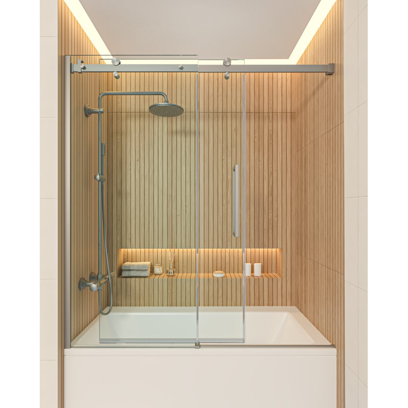 56” - 60" W x 75” H Frameless Single Sliding Tub Glass Shower Doors | 3/8” Thickened Clear Tempered Glass | Leak-Proof | Durable Stainless-Steel Hardware | Adjustment Uneven Walls