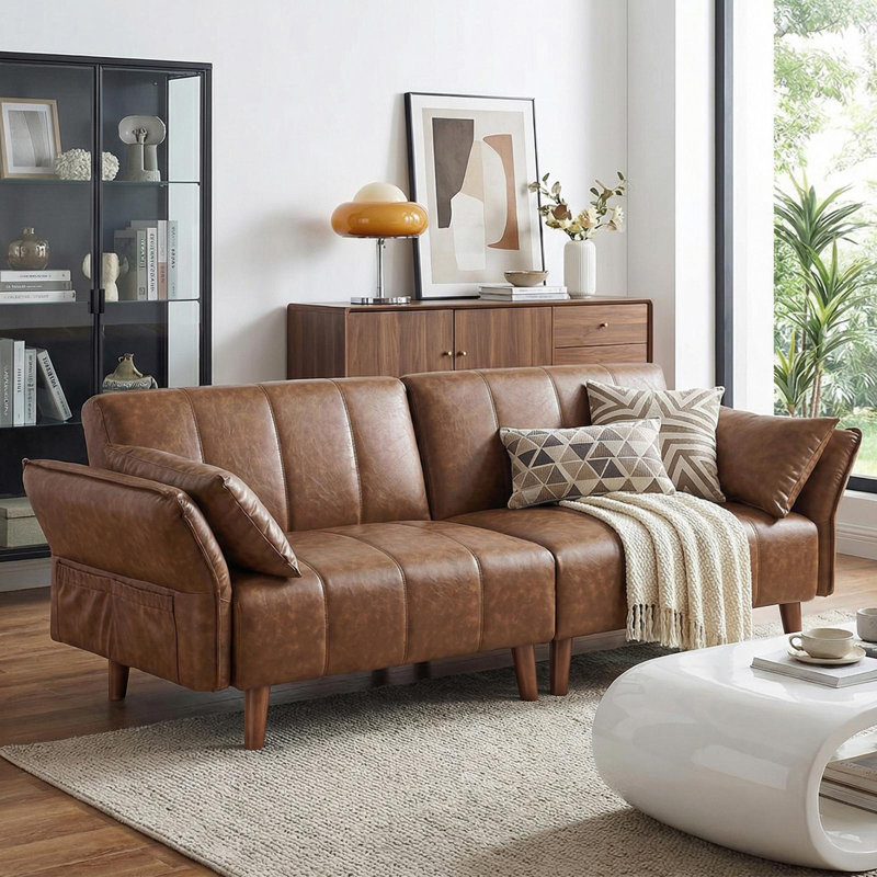 76.4'' Faux Leather Convertible Sofa, Mid Century Modern Leather Futon Sofa Bed With Adjustable Backrest Armrest & Storage Pocket